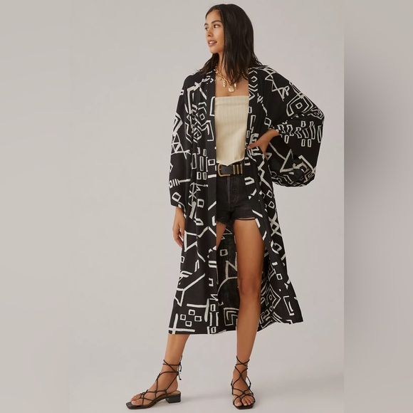 Anthropologie Other - Anthropologie Kimino Inspired Long Sleeve Graphic Duster One Size Linen Blend